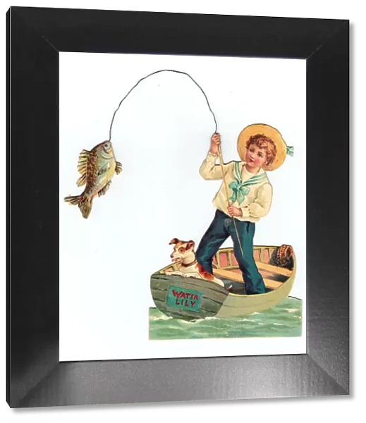 Boy and dog in a boat on a cutout greetings card