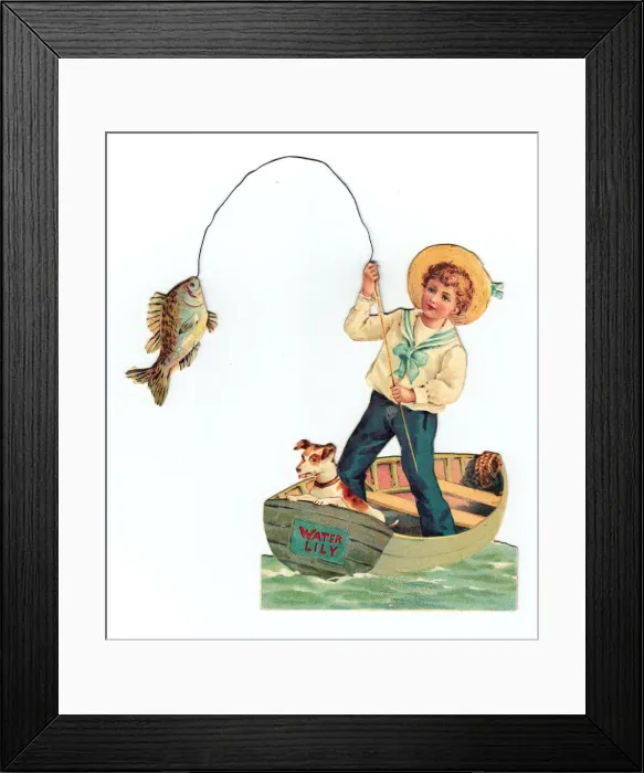 Framed Print : Boy and dog in a boat on a cutout greetings card Framed Print : Boy and dog in a boat on a cutout greetings card