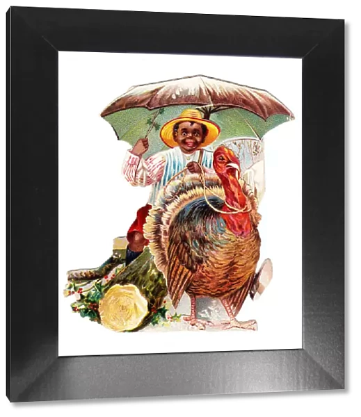Man riding a turkey on a cutout Christmas card