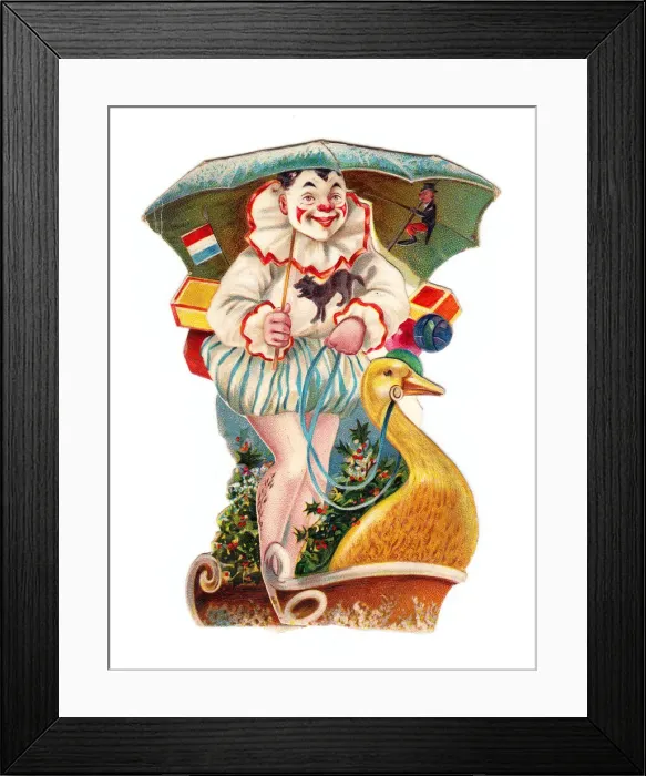 Framed Print : Clown riding a goose on a cutout Christmas card Framed Print : Clown riding a goose on a cutout Christmas card