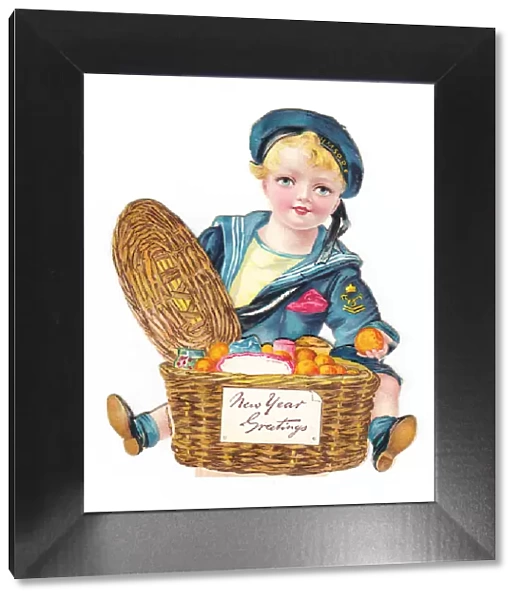 Boy with a basket of fruit on a cutout New Year card