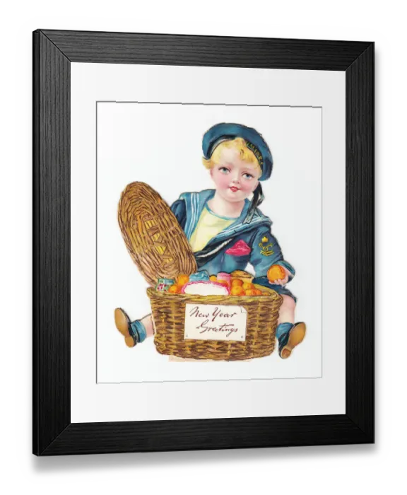 Framed Print : Boy with a basket of fruit on a cutout New Year card Framed Print : Boy with a basket of fruit on a cutout New Year card