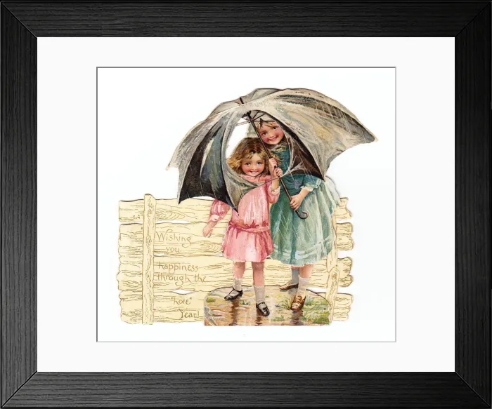Framed Print : Two girls with umbrella on a cutout New Year card Framed Print : Two girls with umbrella on a cutout New Year card