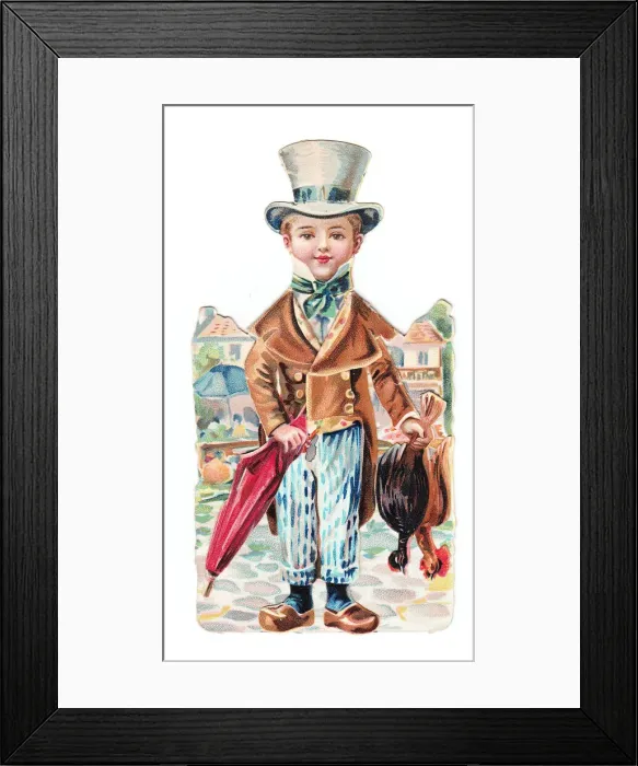 Framed Print : Boy with chickens and umbrella on a cutout greetings card Framed Print : Boy with chickens and umbrella on a cutout greetings card
