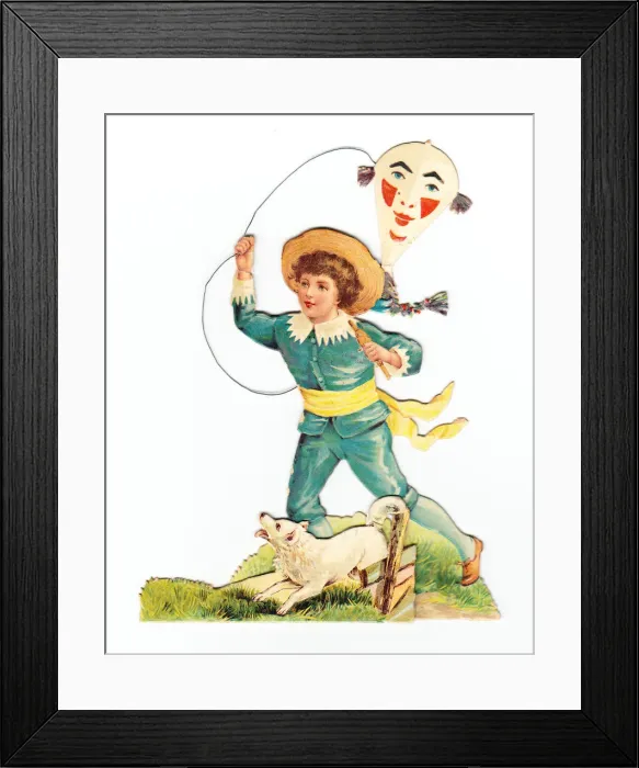 Framed Print : Boy with dog and kite on a cutout greetings card Framed Print : Boy with dog and kite on a cutout greetings card