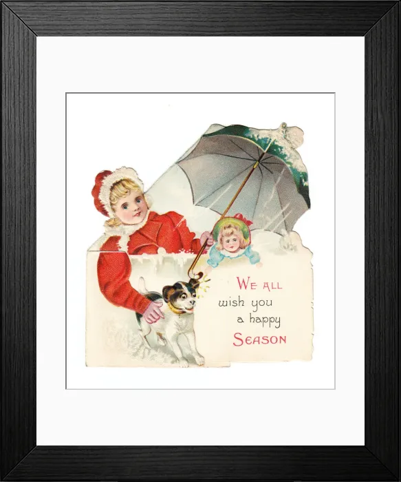 Framed Print : Girl, doll and dog on a cutout Christmas card Framed Print : Girl, doll and dog on a cutout Christmas card