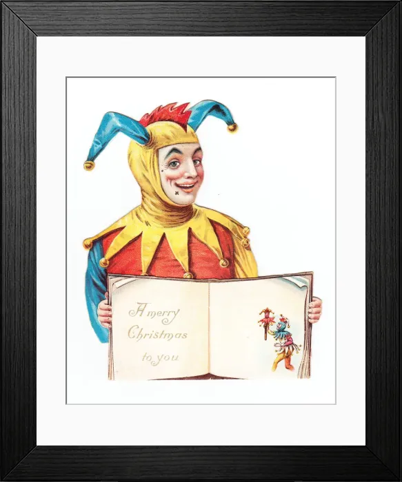 Framed Print : Jester with an open book on a cutout Christmas card Framed Print : Jester with an open book on a cutout Christmas card