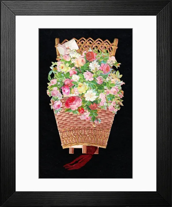 Framed Print : Basket of assorted flowers on a cutout greetings card Framed Print : Basket of assorted flowers on a cutout greetings card