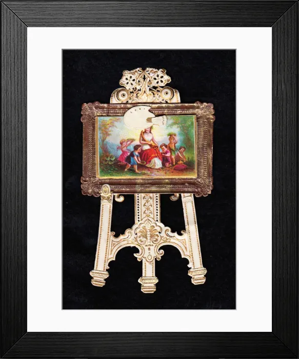 Framed Print : Painting on an easel on a cutout greetings card Framed Print : Painting on an easel on a cutout greetings card