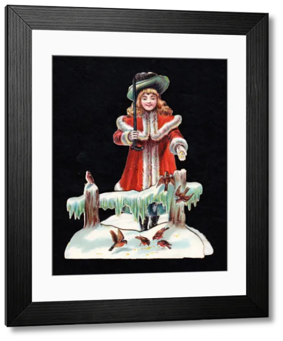 Framed Print : Girl feeding robins on a Victorian Christmas scrap Framed Print : Girl feeding robins on a Victorian Christmas scrap