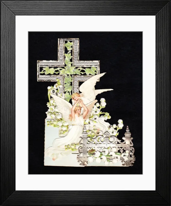 Framed Print : Angels and cross on a cutout devotional card Framed Print : Angels and cross on a cutout devotional card