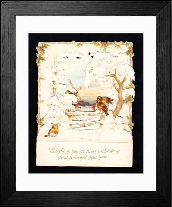 Framed Print : Robins in the snow on a Christmas and New Year card Framed Print : Robins in the snow on a Christmas and New Year card