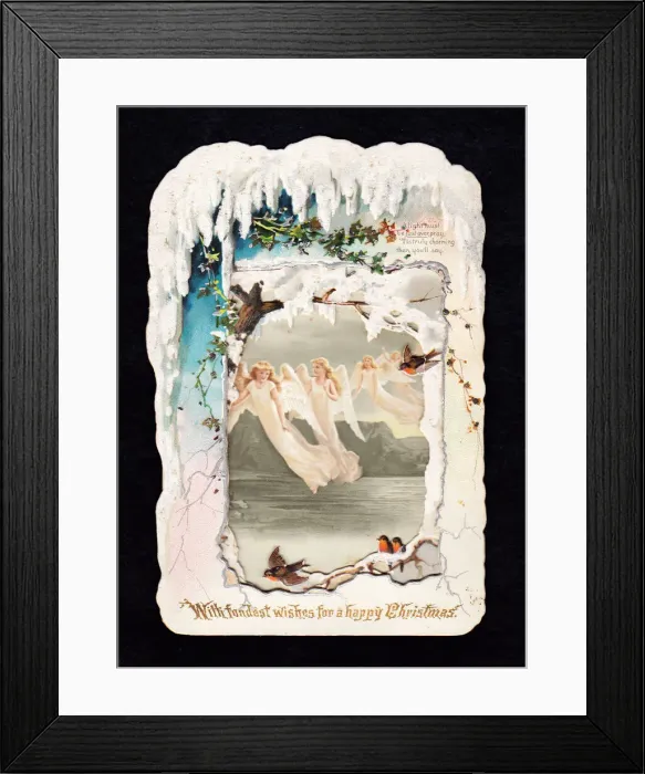Framed Print : Angels, snow and robins on a Christmas card Framed Print : Angels, snow and robins on a Christmas card