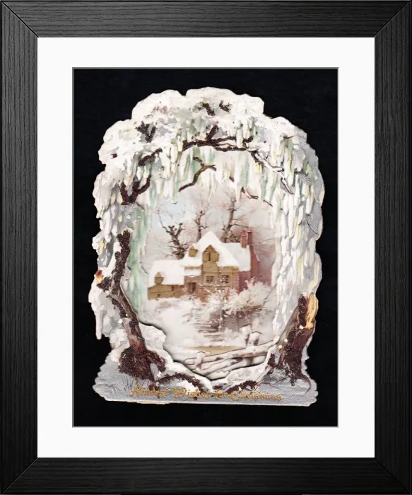 Framed Print : Rural snow scene with country house on a Christmas card Framed Print : Rural snow scene with country house on a Christmas card