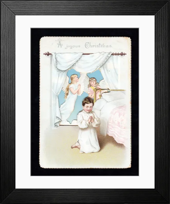 Framed Print : Angels and praying boy on a Christmas card Framed Print : Angels and praying boy on a Christmas card