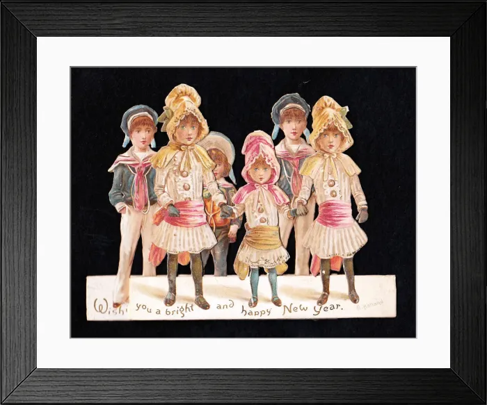 Framed Print : Six children on a cutout New Year card Framed Print : Six children on a cutout New Year card