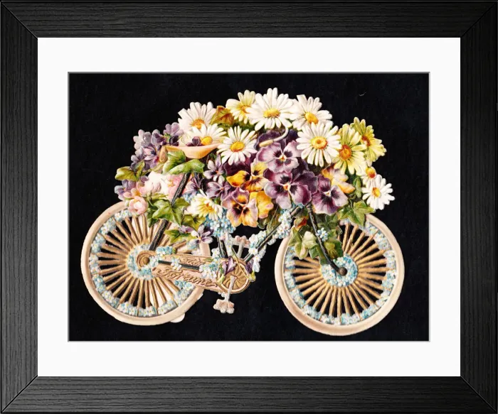 Framed Print : Bicycle covered in flowers on a cutout greetings card Framed Print : Bicycle covered in flowers on a cutout greetings card
