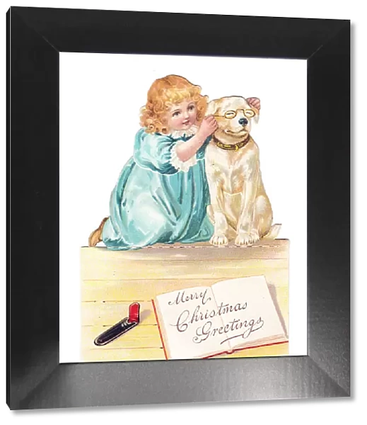 Girl and dog on a cutout Christmas card