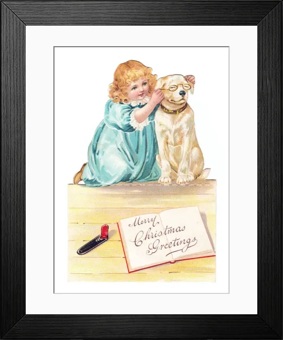 Framed Print : Girl and dog on a cutout Christmas card Framed Print : Girl and dog on a cutout Christmas card