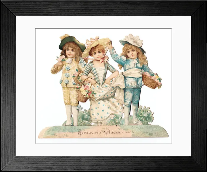 Framed Print : Three children on a cutout German greetings card Framed Print : Three children on a cutout German greetings card