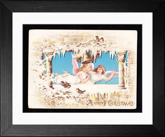 Framed Print : Angels, bells and birds on a cutout Christmas card Framed Print : Angels, bells and birds on a cutout Christmas card