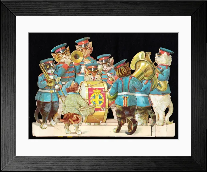 Framed Print : Military band of cats on a cutout greetings card