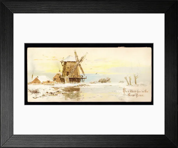 Framed Print : Windmill in the snow on a New Year card Framed Print : Windmill in the snow on a New Year card