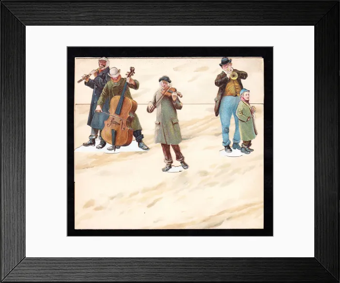Framed Print : Five street musicians on a movable greetings card