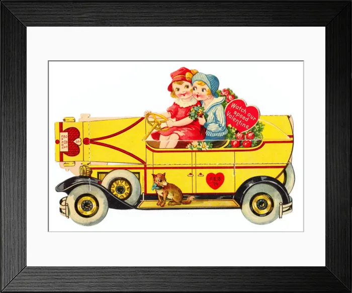 Framed Print : Boy and girl in a car on a cutout Valentines card Framed Print : Boy and girl in a car on a cutout Valentines card