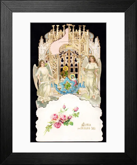Framed Print : Two angels with nativity scene on a Christmas card Framed Print : Two angels with nativity scene on a Christmas card