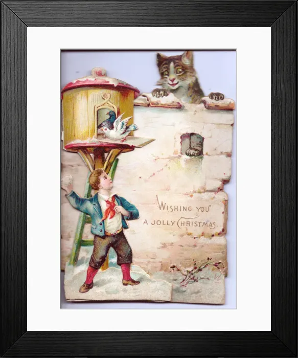 Framed Print : Boy with cat and birds on a cutout Christmas card Framed Print : Boy with cat and birds on a cutout Christmas card