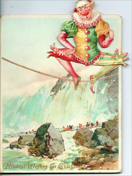 Christmas card with a clown on a tightrope