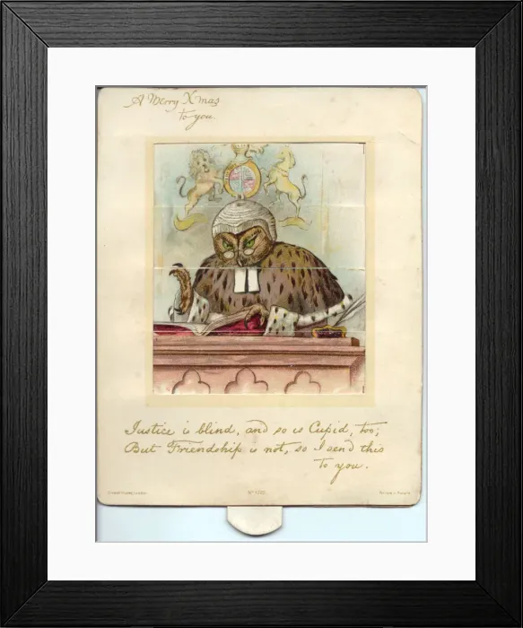 Framed Print : Owl dressed as a judge on a Christmas card Framed Print : Owl dressed as a judge on a Christmas card