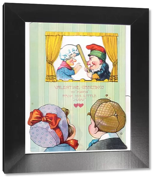 Boy and girl watching Punch and Judy on a Valentines card