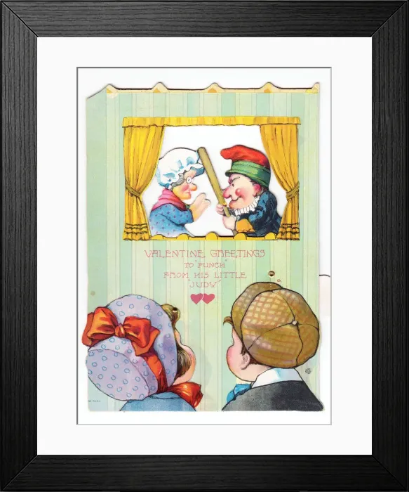 Framed Print : Boy and girl watching Punch and Judy on a Valentines card Framed Print : Boy and girl watching Punch and Judy on a Valentines card
