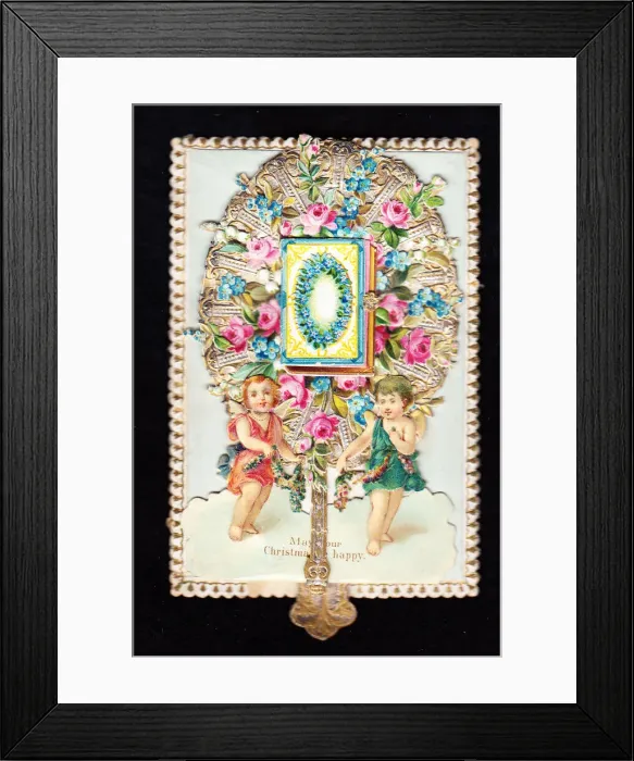 Framed Print : Two cherubs with flowers on a Christmas card Framed Print : Two cherubs with flowers on a Christmas card
