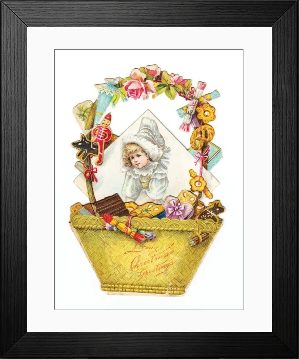 Framed Print : Girl with a basket of toys on a cutout Christmas card Framed Print : Girl with a basket of toys on a cutout Christmas card