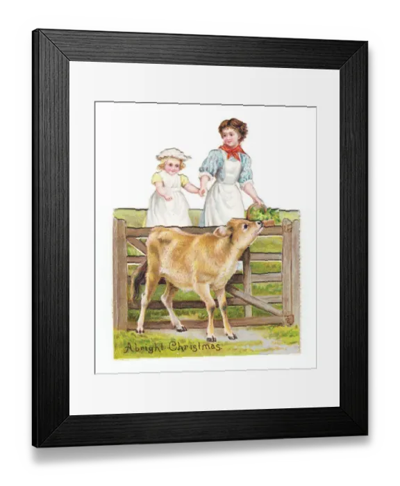 Framed Print : Mother, daughter and calf on a cutout Christmas card Framed Print : Mother, daughter and calf on a cutout Christmas card