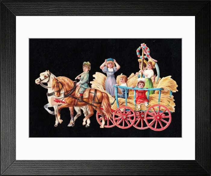 Framed Print : Children in a cart at harvest time on a Victorian scrap Framed Print : Children in a cart at harvest time on a Victorian scrap