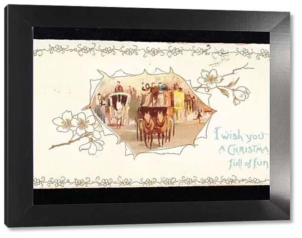 Stagecoaches and passengers on a Christmas card