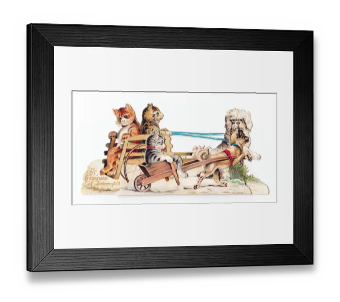 Framed Print : Cats and dogs riding carts on a cutout Christmas card Framed Print : Cats and dogs riding carts on a cutout Christmas card