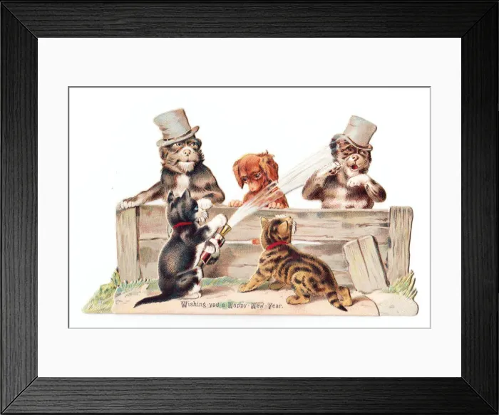 Framed Print : Cats and dogs with hosepipe on a cutout New Year card Framed Print : Cats and dogs with hosepipe on a cutout New Year card