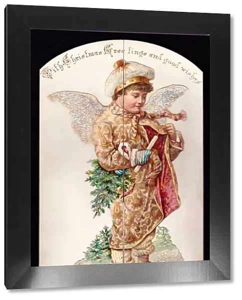 Angel in coat and scarf on a Christmas card