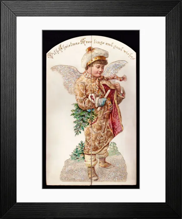 Framed Print : Angel in coat and scarf on a Christmas card Framed Print : Angel in coat and scarf on a Christmas card