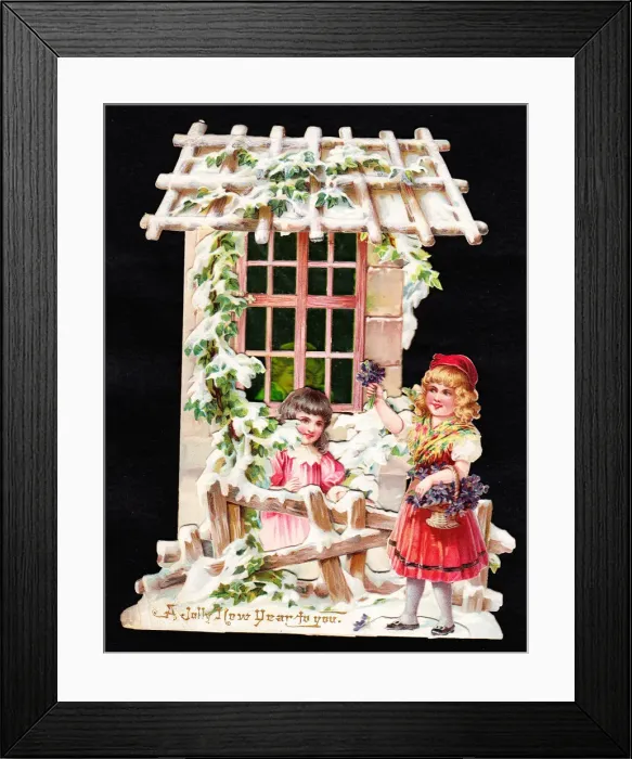 Framed Print : Children in the snow on a cutout New Year card Framed Print : Children in the snow on a cutout New Year card