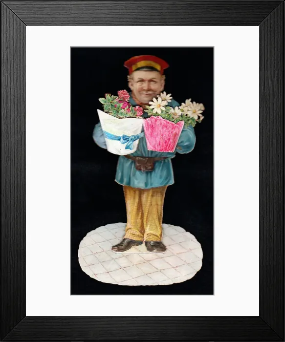 Framed Print : Postman delivering flowers on a Victorian greetings card Framed Print : Postman delivering flowers on a Victorian greetings card