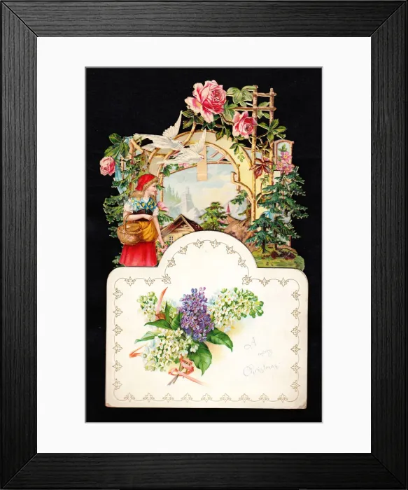 Framed Print : Woman in a garden on a cutout Christmas card