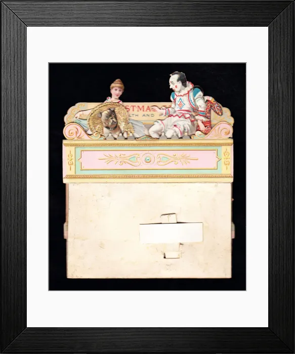 Framed Print : Clown, woman and dog on a Christmas card Framed Print : Clown, woman and dog on a Christmas card