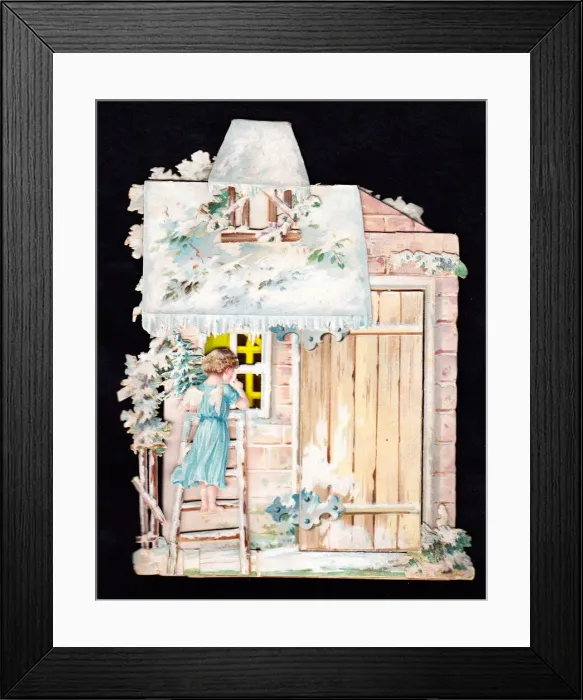 Framed Print : Angel outside a house on a cutout Christmas card Framed Print : Angel outside a house on a cutout Christmas card