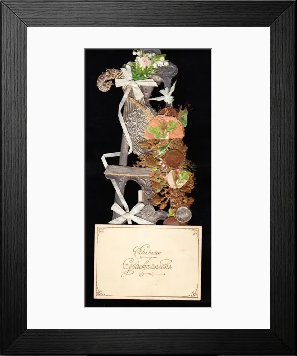 Framed Print : Flowers and coins on a German greetings card Framed Print : Flowers and coins on a German greetings card